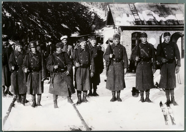 Hungarian troops standing together in the snow