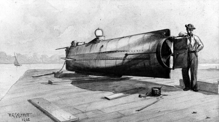 Sketch of a man standing next to the H.L. Hunley