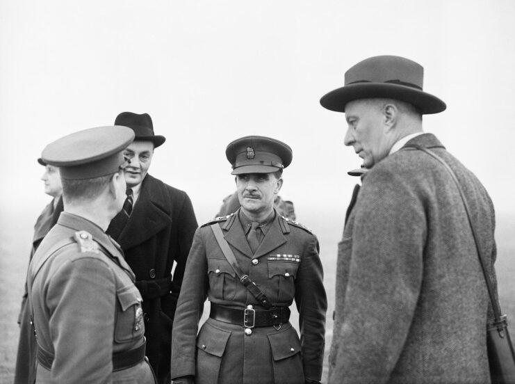 Hugh Dalton and Colin Gubbins standing with Czech military officials
