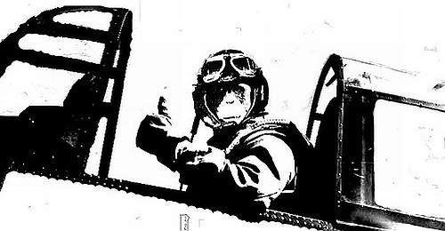 Jack Woolams giving a thumbs up from his aircraft's cockpit while wearing a gorilla mask
