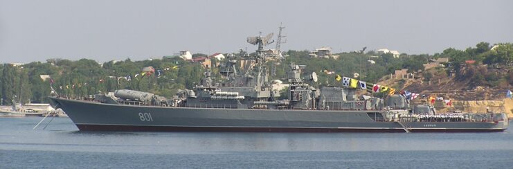 Soviet frigate Ladny anchored at port