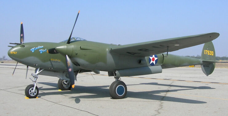 Lockheed P-38F Lightning 'Glacier Girl' parked on the tarmac