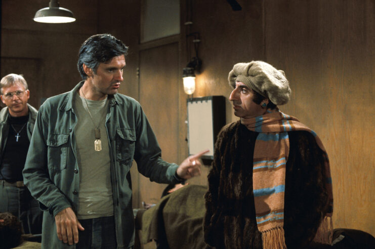 William Christopher, Alan Alda and Jamie Farr as Father Mulcahy, Capt. Benjamin Franklin "Hawkeye" Pierce and Cpl. Maxwell Q. Klinger in 'M*A*S*H'