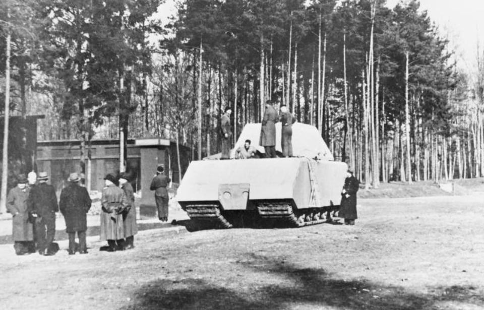 German military officials standing around a Maus tank near a forest