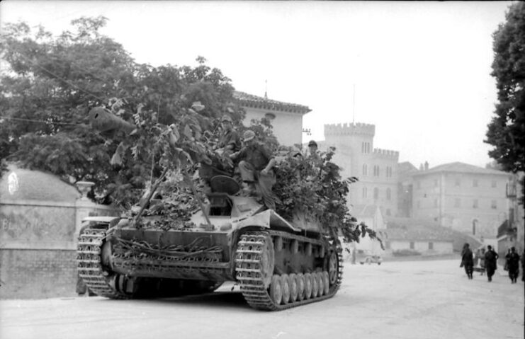 German soldiers sitting atop a camouflaged Nashorn driving down a street