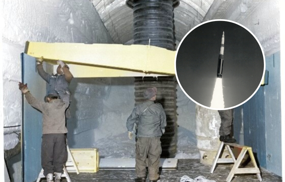 US Army Polar Research and Development Center personnel installing ceiling support beams + Missile being launched