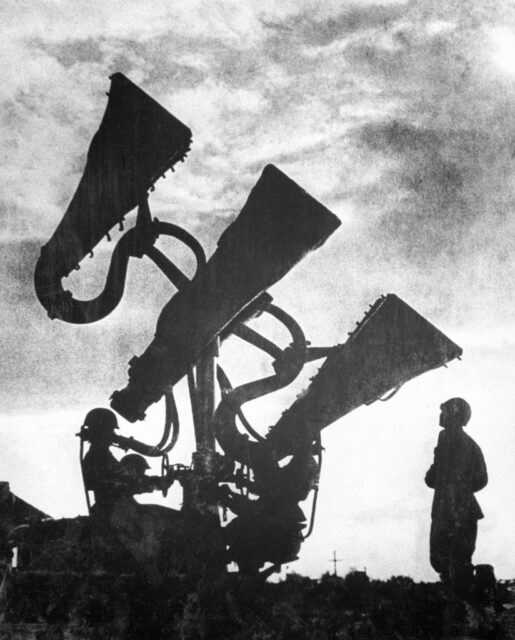 Three Red Army soldiers manning a sound detector