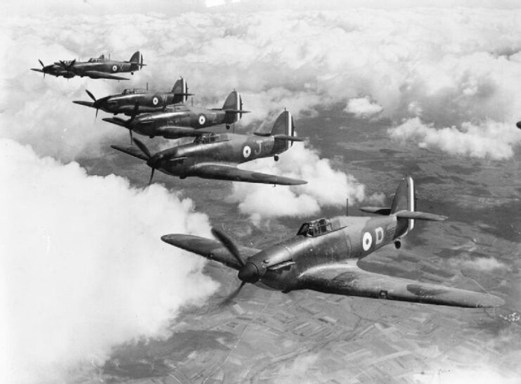 Six Hawker Hurricane Mark Is in flight