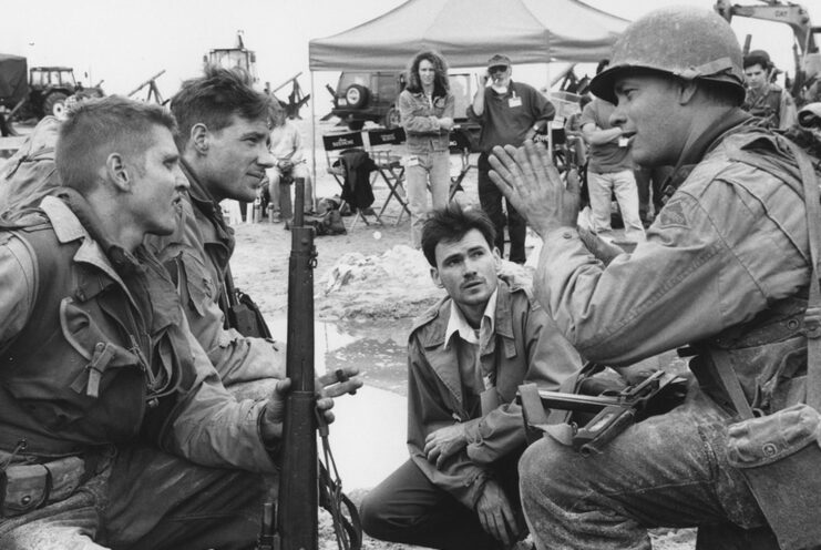 Barry Pepper, Edward Burns, Jeremy Davies and Tom Hanks on the set of 'Saving Private Ryan'