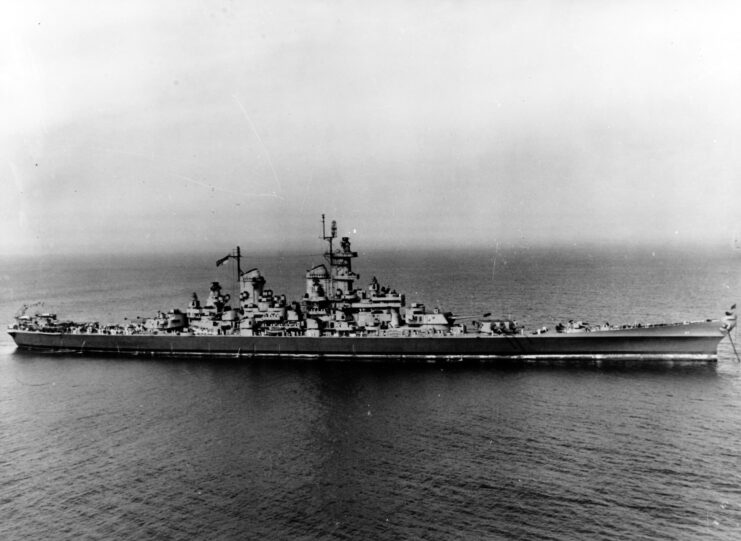 USS Wisconsin (BB-64) anchored at sea