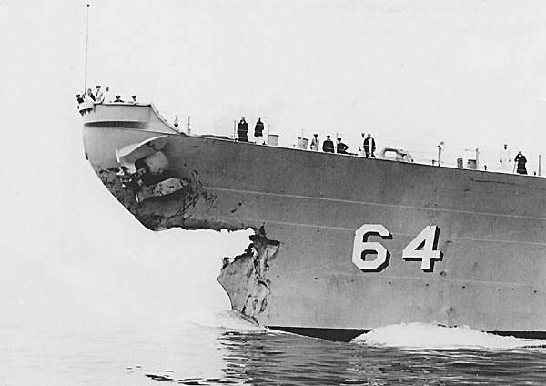 Damaged bow section of the USS Wisconsin (BB-64)