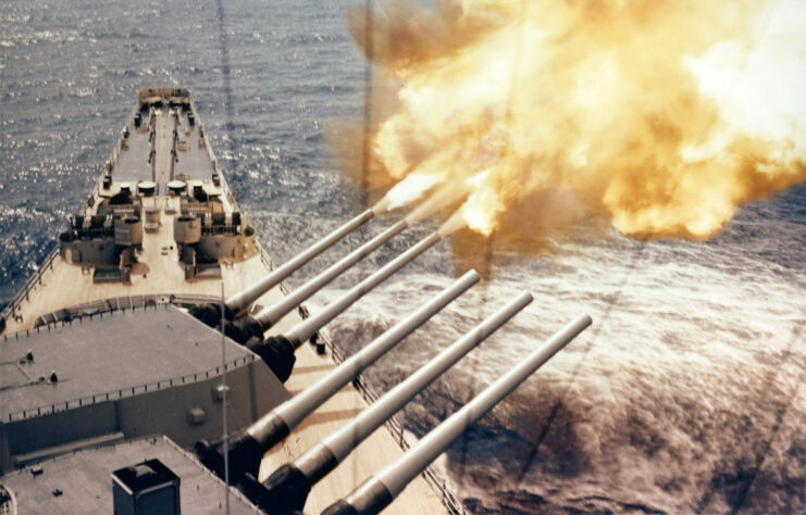 USS Wisconsin (BB-64) firing her big guns