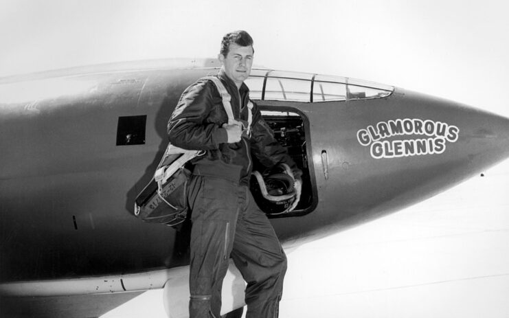 Chuck Yeager standing beside the Bell X-1 'Glamorous Glennis'