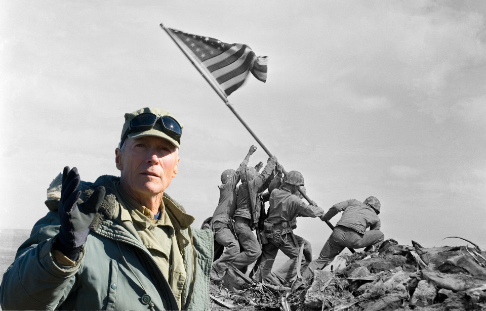 US Marines raising the American flag + Portrait of Clint Eastwood