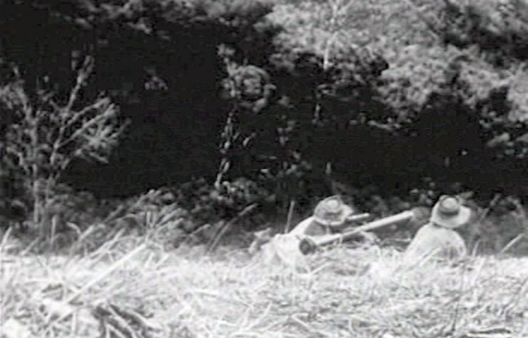 Two French soldiers aiming an M18 recoilless rifle through tall grass