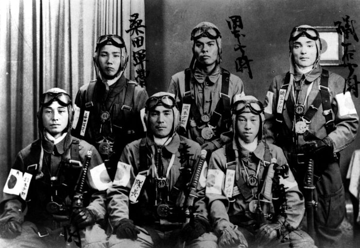 Portrait of six Japanese kamikaze pilots in uniform