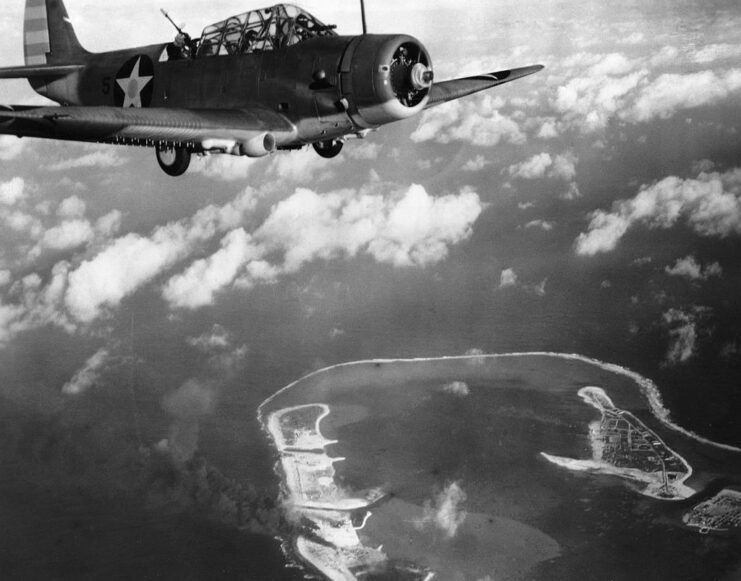 Douglas TBD Devastator flying over Wake Island