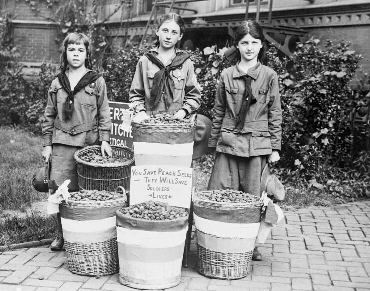 Three Girl Scouts standing with baskets containing peach pits