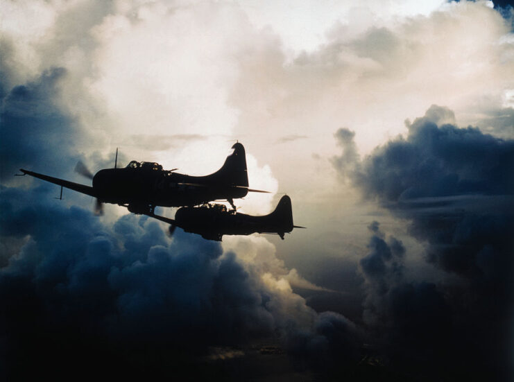 Two Douglas SBD Dauntless bombers in flight