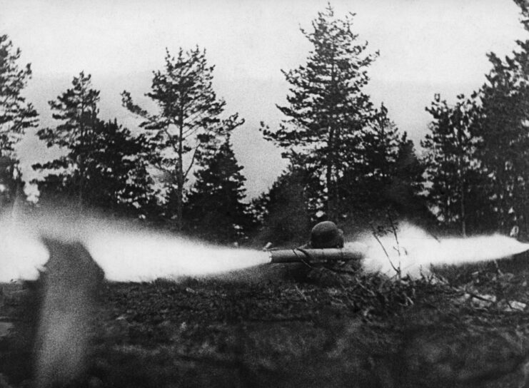 German soldier firing a Panzerschreck