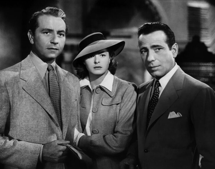 Paul Henreid, Ingrid Bergman and Humphrey Bogart as Victor Laszlo, Ilsa Lund and Rick Blaine in 'Casablanca'