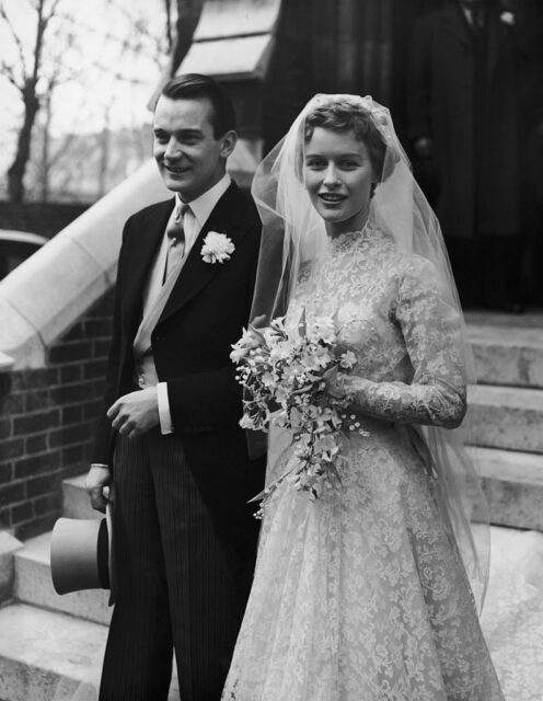 Denholm Elliott and Virginia McKenna dressed for their wedding day