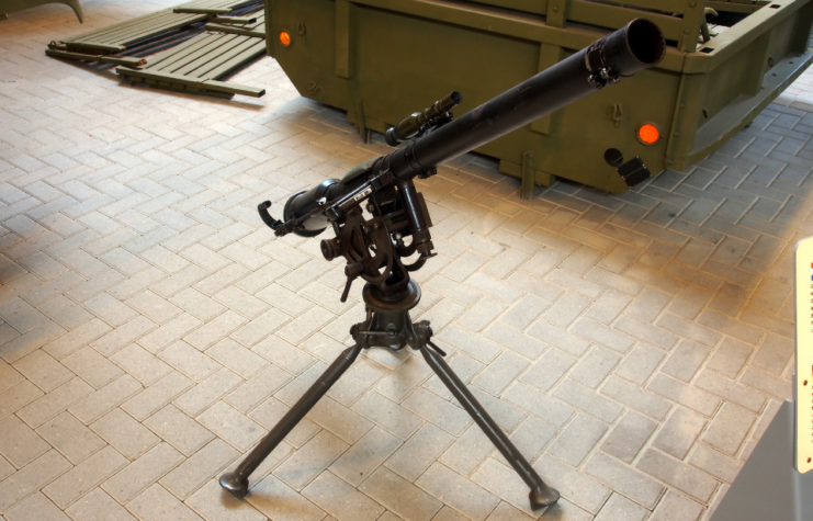 M18 recoilless rifle positioned on a stone floor