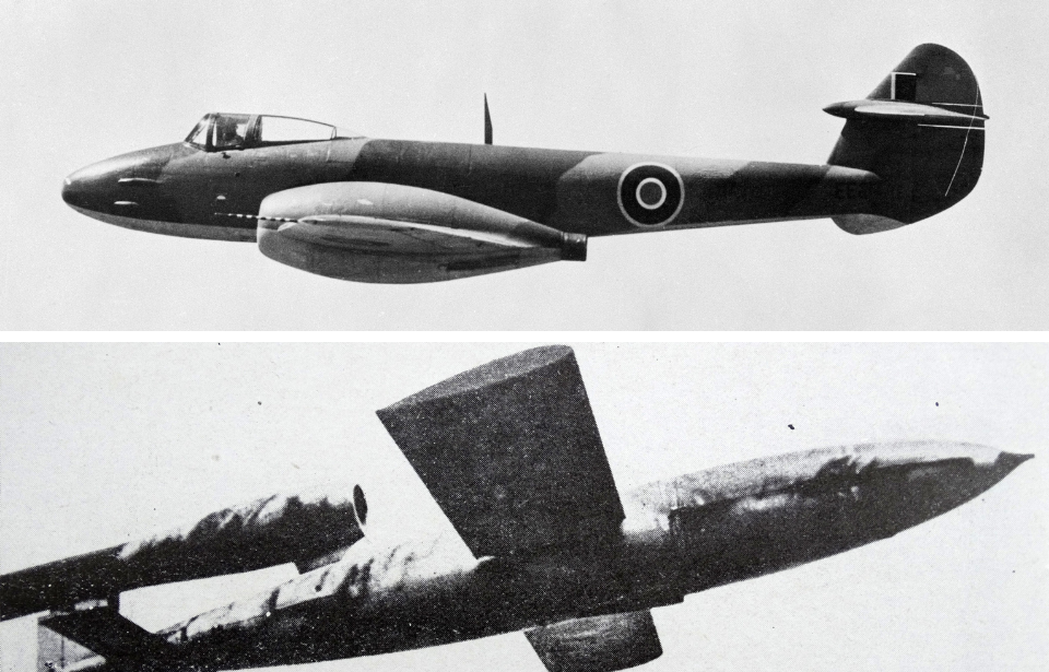 Gloster Meteor in flight + V-1 flying bomb in flight