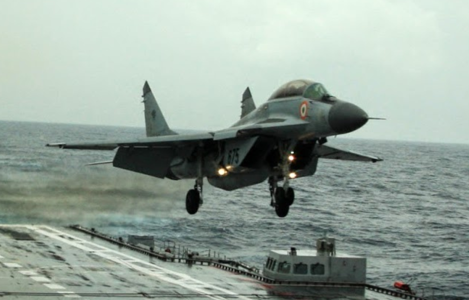 Mikoyan MiG-29K landing on the flight deck of the INS Vikramaditya