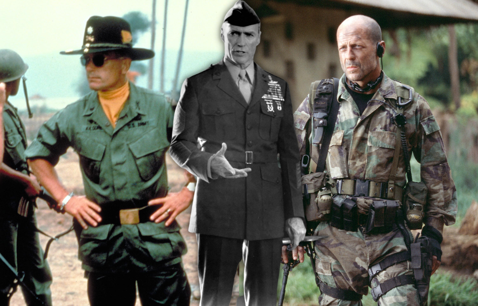 Still from 'Apocalypse Now' + Bruce Willis as Lt. A.K. Waters in 'Tears of the Sun' + Clint Eastwood as Gunnery Sgt. Tom "Gunny" Highway in 'Heartbreak Ridge'