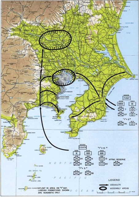 Map detailing proposed troop movements for Operation Coronet