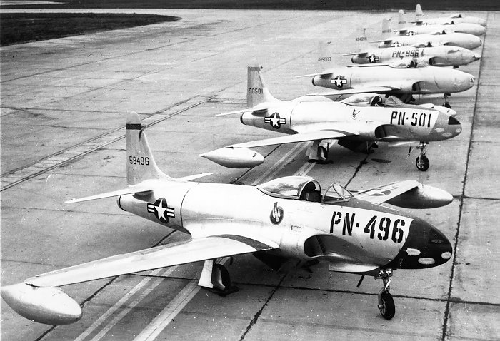 Seven Lockheed P-80B Shooting Stars parked on the tarmac