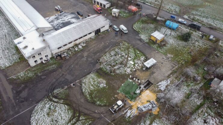 Aerial view of a Ukrainian missile strike in Przewodów, Poland