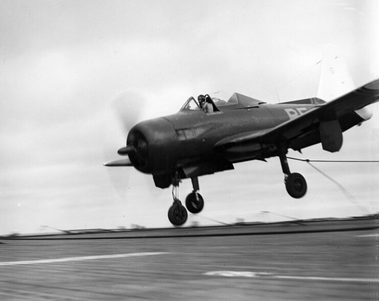 Ryan FR-1 Fireball landing on the flight deck of the USS Bairoko (CV-115)