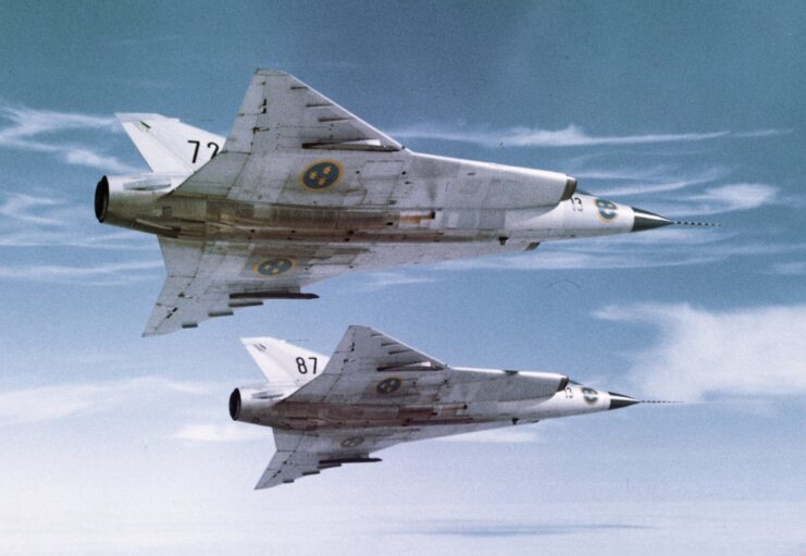 Two Saab J35A2 Drakens in flight