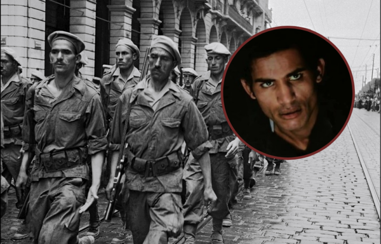 French paratroopers marching along a street + Close-up of a man's face
