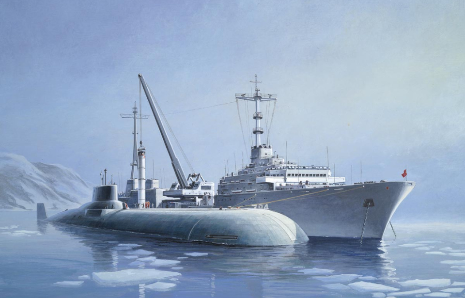 Illustration of a Typhoon-class submarine next to a ship
