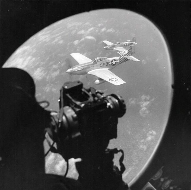 View of a North American P-51 Mustang from a Boeing B-29 Superfortress