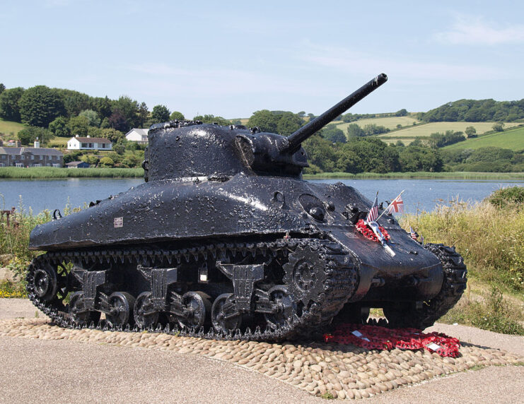 M4 Sherman positioned along a sandy shore