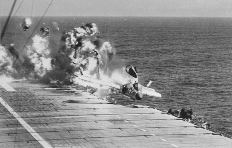 Vought F7U Cutlass crashing into the flight deck of the USS Hancock (CV-19)