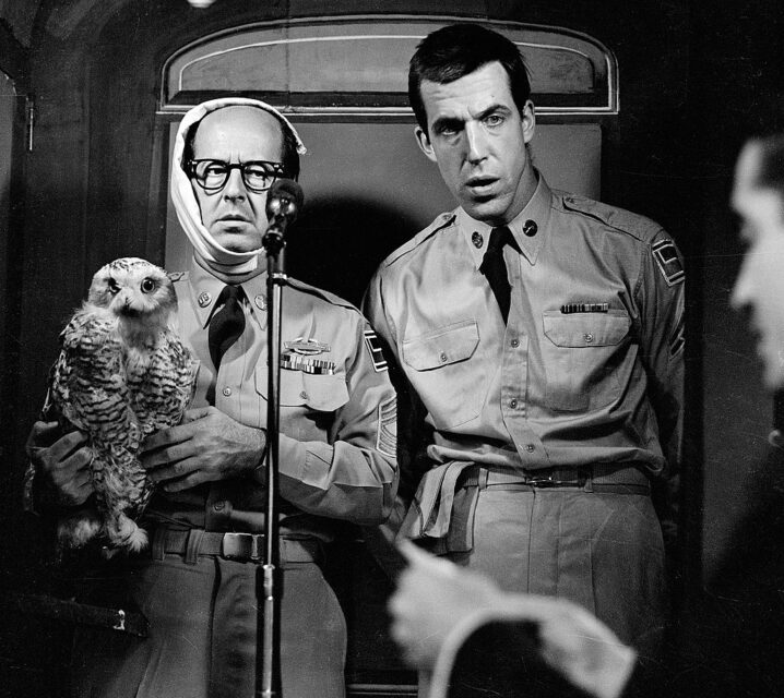 Phil Silvers and Fred Gwynne standing together while Silvers holds an owl