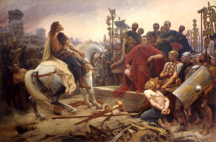 Painting of Vercingetorix approaching Julius Caesar on horseback