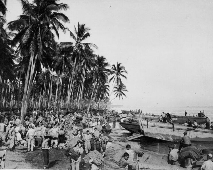US Marines gathered on a beach on Guadalcanal