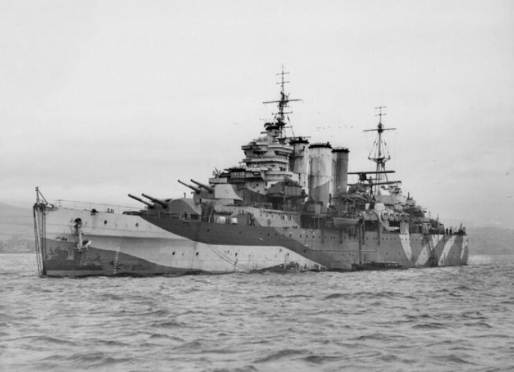 HMS Sussex (96) anchored off the coast