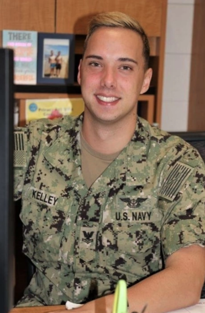 Joshua Kelley dressed in US Navy camouflage