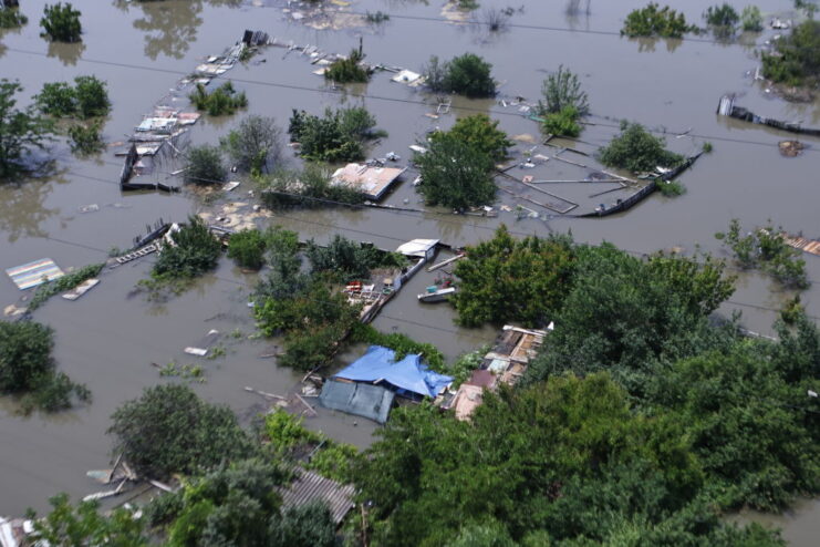 Aerial view of houses submerged in water