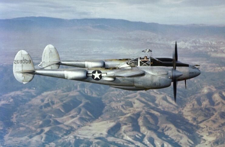 Lockheed P-38J-10-LO Lightning in flight