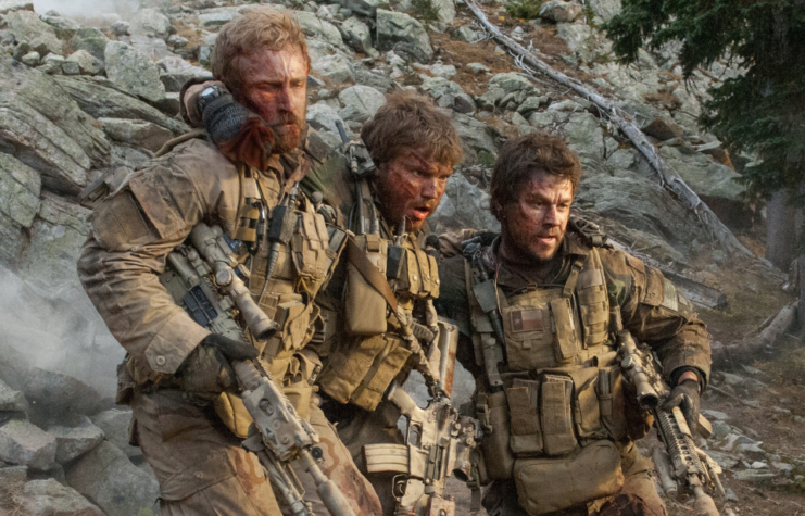 Ben Foster, Emile Hirsch and Mark Wahlberg as Matthew "Axe" Axelson, Danny Dietz and Marcus Luttrell in 'Lone Survivor'