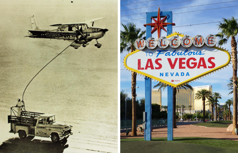 Cessna 172, in-flight, attached to a grounded truck via a fuel hose + Las Vegas, Nevada city-limits sign