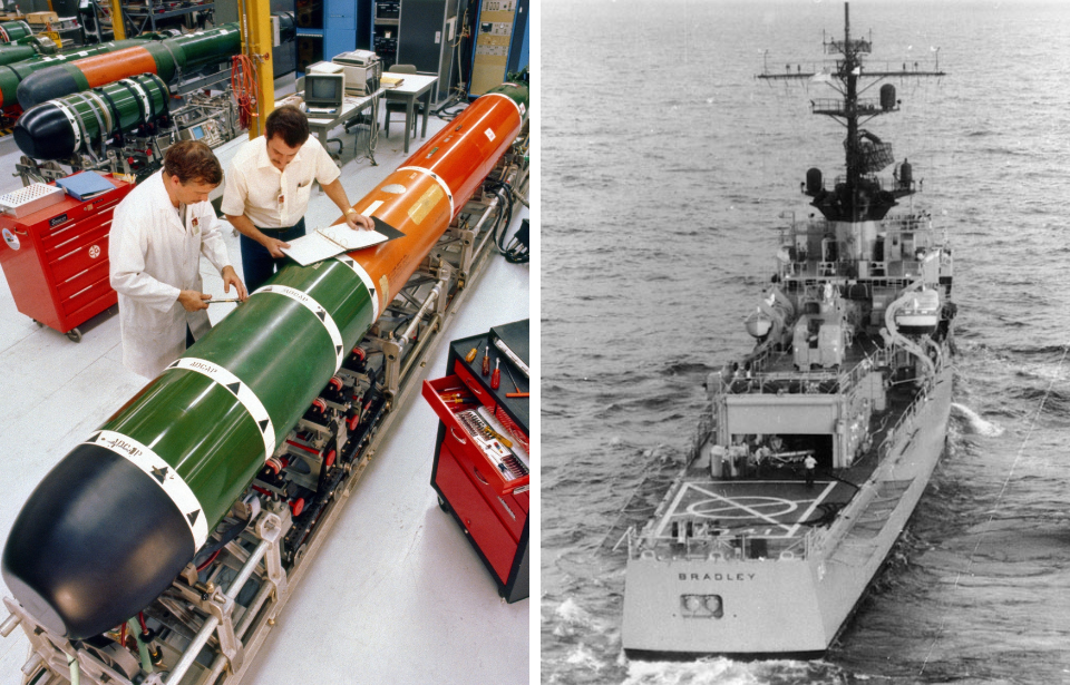 Two technicians standing around a Mk 48 torpedo + USS Bradley (FF-1041) underway at sea